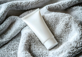 Blank white tube mockup with body lotion on a smooth towel, leaving space for your design.
