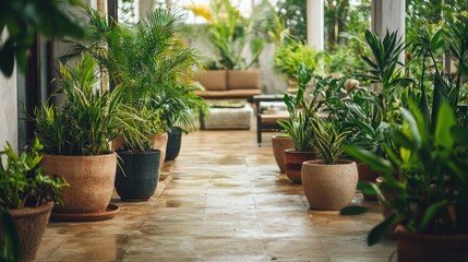 Serene Indoor Garden Oasis: Lush Greenery in Earthy Pots