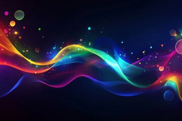 Fototapeta premium Dark background, colorful ribbon-like waves on top with small bubbles in between