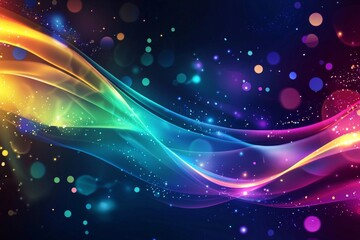 Fototapeta premium Dark background, colorful ribbon-like waves on top with small bubbles in between