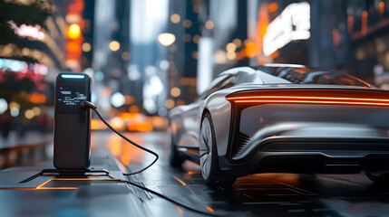 Futuristic autonomous car charging at a blurred city location technology display urban environment dynamic viewpoint