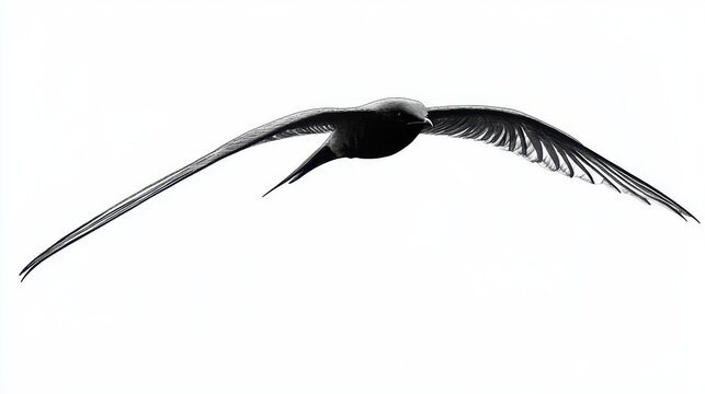 Swallow gliding effortlessly, wings curving gracefully, dynamic yet minimalist composition on a white background.