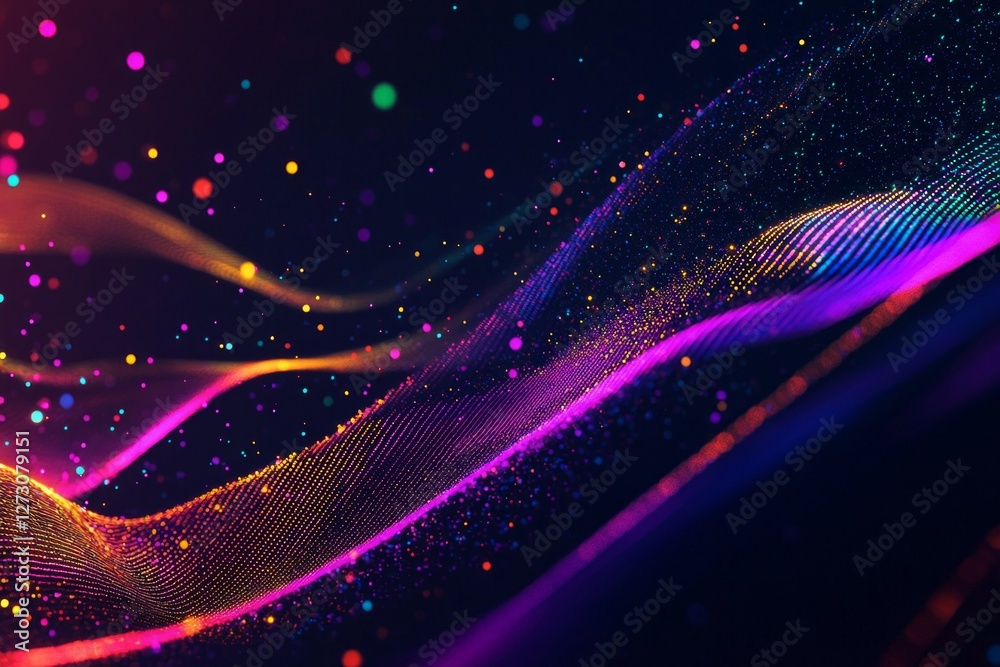 Wall mural dark background, colorful ribbon-like waves on top with small bubbles in between