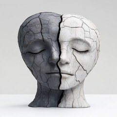 Dual-toned cracked ceramic bust symbolizes contrast and duality, duality and inner conflict. Representing concepts of light and dark within the human psyche, balance and introspection