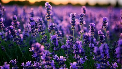Close-up video of a lavender field at sunset, capturing vibrant purple hues and soft sunlight. Low angle enhances the immersive floral experience.