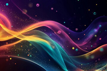 Fototapeta premium Dark background, colorful ribbon-like waves on top with small bubbles in between