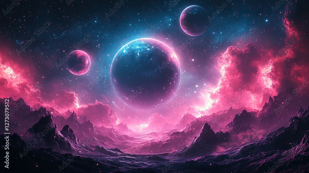 Poster vibrant abstract space background with cosmic planets and celestial elements