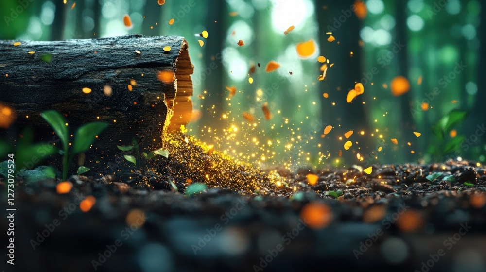 Poster magical forest scene with sparkling dust and wooden log