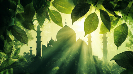 Majestic Mosque Silhouette Framed by Green Leaves in Sunlit Forest Scene
