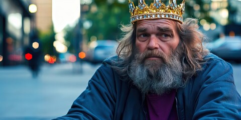 homeless man wearing jeweled gold crown sitting on street 