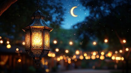 Ornate lantern hanging at night, illuminated street, crescent moon
