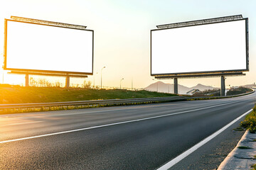 Two large blank billboards beside an empty highway, set against a bright, clear sky.