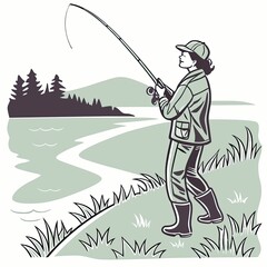 Person With A Fishing Rod reeling in a catch by a serene lake