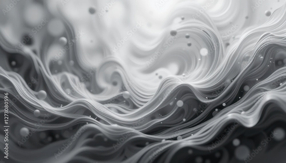 Poster abstract swirling monochrome waves with floating particles in dynamic motion