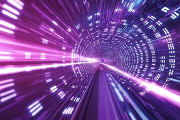 Obraz premium High-speed data tunnel with glowing lines and binary code, symbolizing the fast-paced nature of technology in digital marketing. purple background