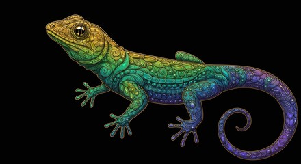 Naklejka premium Colorful gecko illustration showcasing intricate patterns and vibrant hues against a black background