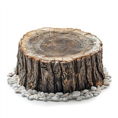 Natural Tree Stump Display with White Stones: A Rustic Tree Stump Slice with Visible Growth Rings, Surrounded by White Stones on a White Background. Ideal for Product Photography, Mockups, or Showcasi