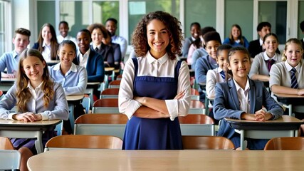 Smiling young teacher standing in front of her class, surrounded by students in uniforms. Concept of education, learning, and school life.