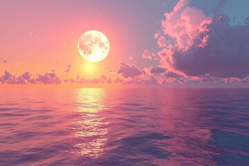 Horizon, clouds and full moon by ocean with sunset for peace
