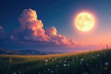 Softly lit clouds glow with an otherworldly light, their shadows stretching out across the moonlit meadow, meadow, grassy