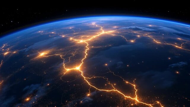 Abstract planet at night, space view. Planet with electric lightning covering continents in complete darkness.