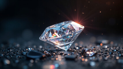 Obraz premium Ultra-detailed close-up of a sparkling diamond with intricate light reflections and rainbow dispersion, set against a dark, elegant background