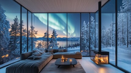 Fototapeta premium A cozy bedroom setting offers panoramic views of snowy mountains, featuring a comfortable bed encased in warm tones and a distinctive round fireplace for ambiance. 