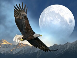 Obraz premium a majestic bald eagle soaring in the sky with a full moon in the background