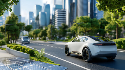 Obraz premium Innovative autonomous electric vehicles navigate solar-powered streets in urban environment showcasing sustainable transportation solutions