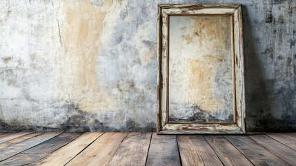 An antique vertical oak mirror frame with a weathered appearance, placed on an aged wooden floor against a distressed concrete wall, reminiscent of the late 1800s to early 1900s