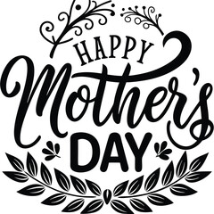 Beautiful black and white calligraphy for Mother's Day featuring mother-child silhouette and floral elements