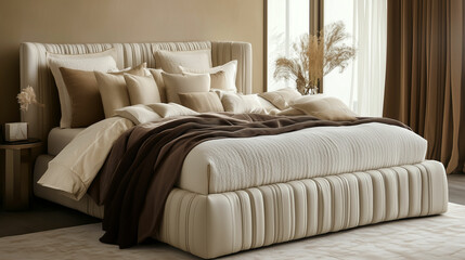 Cozy bedroom featuring a light-colored bed adorned with plush chocolate-brown accents and decorative pillows for a serene atmosphere
