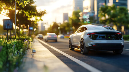 Fototapeta premium Autonomous electric vehicles navigate solar-powered streets during golden hour urban landscape photography sustainable innovation