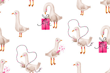 Baby goose with gift, celebrate birthday. Happy Birthday endless background. Seamless pattern for newborn baby girl. Baby shower decor