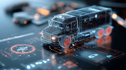 Autonomous truck blueprint digital design studio 3d wireframe model futuristic environment close-up view innovative technology concept