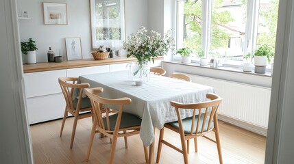 A Scandinavian-inspired dining space with light wooden furniture, soft linen tablecloths, and pastel accents