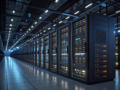 a modern data center filled with rows of servers, their blinking LED lights indicating activity and connectivity