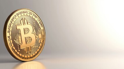 Golden Bitcoin coin resting on a light gray surface, symbolizing digital currency and investment opportunities.