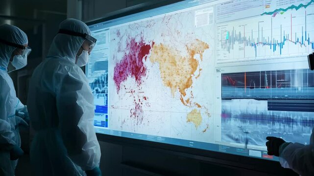 Medical researchers in full protective gear examine a digital world map displaying the spread of an outbreak. The high-tech laboratory setting, combined with the serious expressions of the scientists