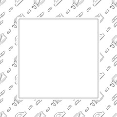artist tool frame. doodle art supplies square frame. hand drawn artist kit frame background. art material background