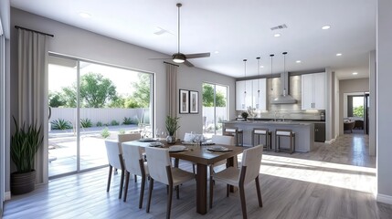 A beautifully staged home for real estate listing, highlighting a modern dining area with natural lighting