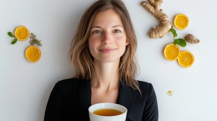Artisanal tea photography, white porcelain cup with amber liquid, surrounded by raw ginger pieces, citrus slices, aromatic mint leaves, pure white background, top-down perspective