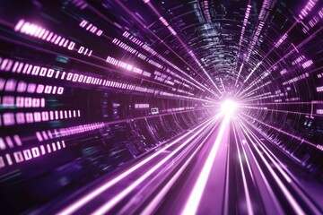 Obraz premium High-speed data tunnel with glowing lines and binary code, symbolizing the fast-paced nature of technology in digital marketing. purple background