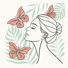 Minimalist drawing of a peaceful woman with butterflies and tropical leaves, embracing nature's beauty.