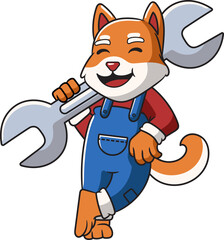 Happy Shiba Inu Dog Mechanic holding Wrench or Spanner Mascot Cartoon Character Illustration