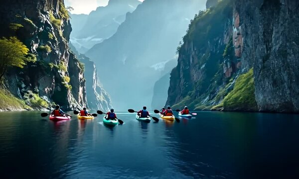 Kayakers explore a serene canyon lake. Adventure travel, scenic background
