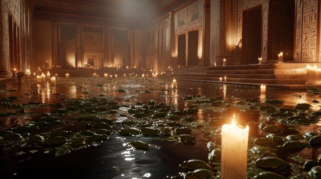 The Plague of Frogs, swarms of green amphibians covering Egyptian temples, Pharaoh in shock, highly detailed realism with dim candle lighting.