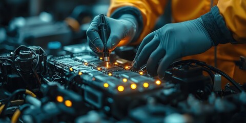 Precision engineering technician repairs circuit boards in high-tech workshop