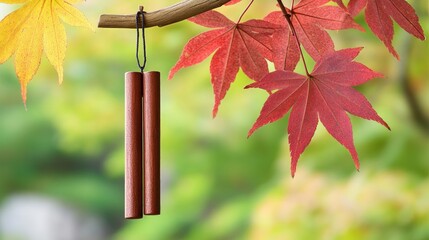 Obraz premium Wooden Wind Chimes Hanging from Branch with Autumn Leaves Background