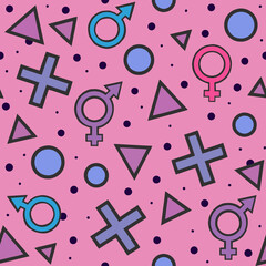 Seamless pattern of colorful geometric shapes and gender symbols on pink background, celebrating diversity
